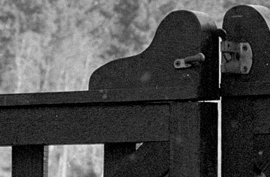 100% enlargement of above. Showing the acutance Mackie lines (light lines around the gate edge. Note also how the gap between the two gates is lighter than the background where the Mackie lines met.